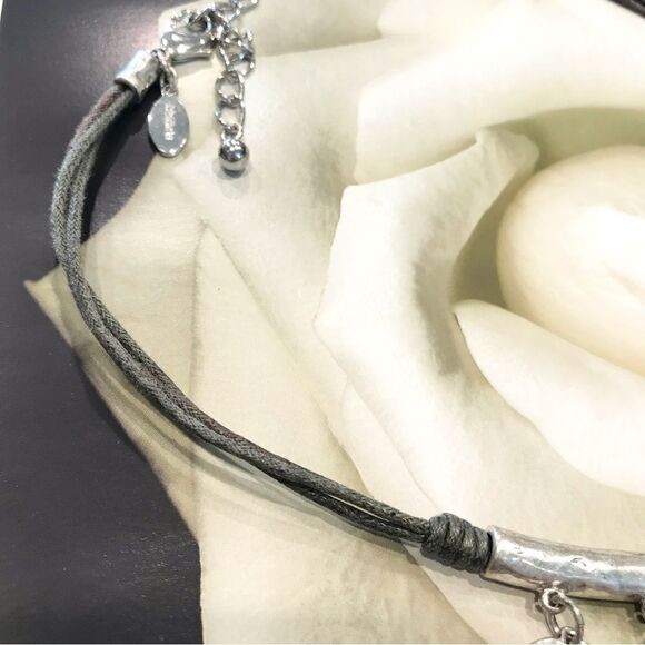 Chico’s Silver Tone Metallic Pendant Statement Tribal Boho Ethnic Cord Necklace - Picture 9 of 11